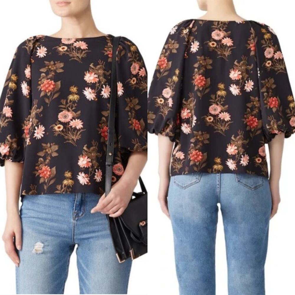 B‎ Collection by Bobeau Women's Black Floral Balloon Half Sleeve Top Size Small
